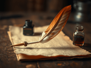 An intricately folded sheet of muted ivory stationery, delicately edged with pale grey, lies centered on a sleek, stone-grey workspace. Beside it, a minimalist silver fountain pen rests, capped, its surface catching soft, diffused late afternoon light from a nearby window. Subtle gradients of shadow and light play across the paper and pen, evoking a calm and reflective mood. The scene is shot from a slightly elevated angle with sharp focus on the paper's delicate texture, while the background gently falls away into an elegant bokeh. The composition is minimalist, with negative space enhancing a sense of clarity and sophistication—mirroring the blog’s approach of communicating deep thoughts with quiet grace, in a photographic realistic style with refined, muted tones.